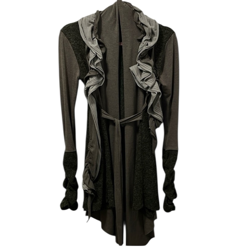 Rinascimento Olive / Grey Ruffle Cardigan Waterfall Wrap Sweater